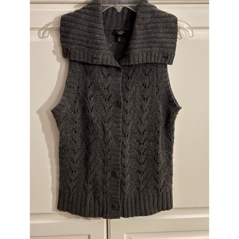 Talbots Petites Gray Merino Wool Silk Blend Pointelle Knit Button Front Vest M